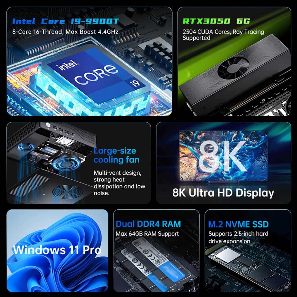 MSECORE MV9 Mini Gaming PC Intel Core I9-9900T RTX3050 6G Discrete Graphics DDR4 NVMe SSD WiFi5 BT5.0 HDMI DP Type-C 4K ESports