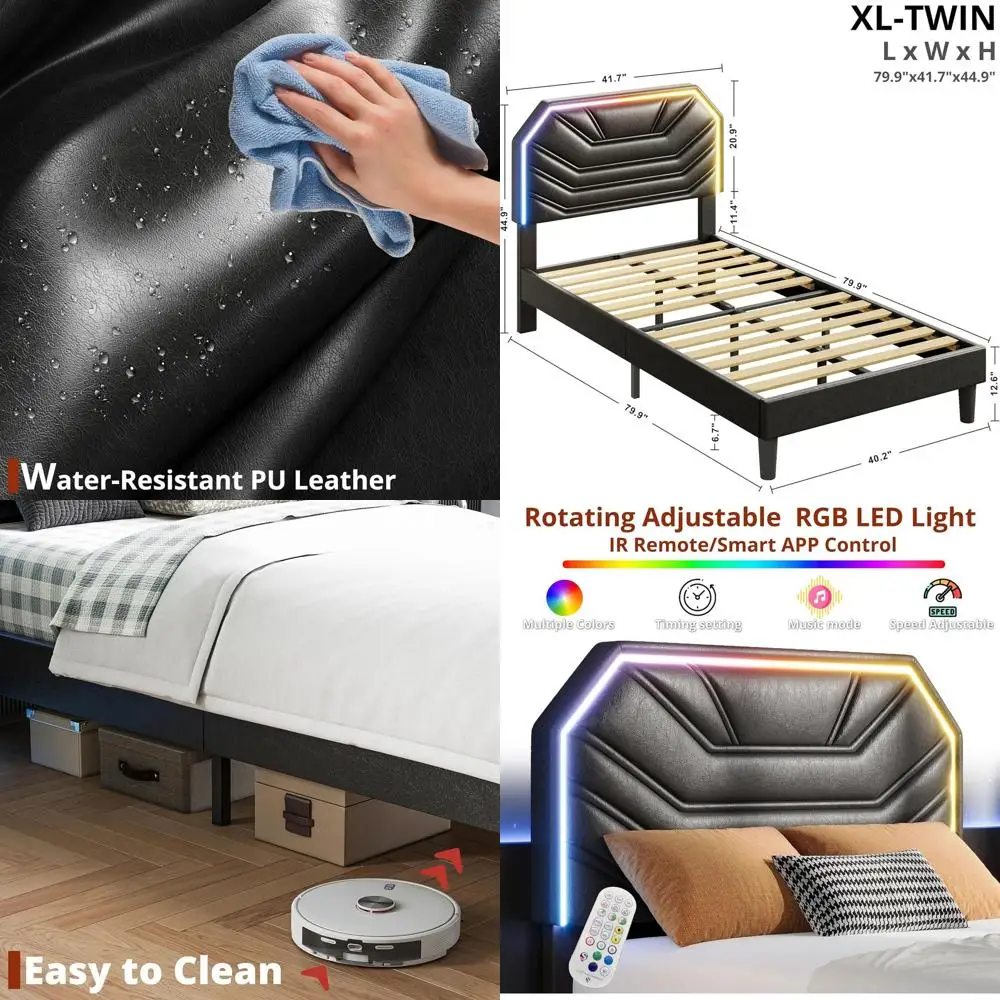 

Кровать-платформа Twin XL с обивкой и LED-подсветкой, усиленная конструкция, не требует пружинного блока, бесшумная, простая сборка, черная