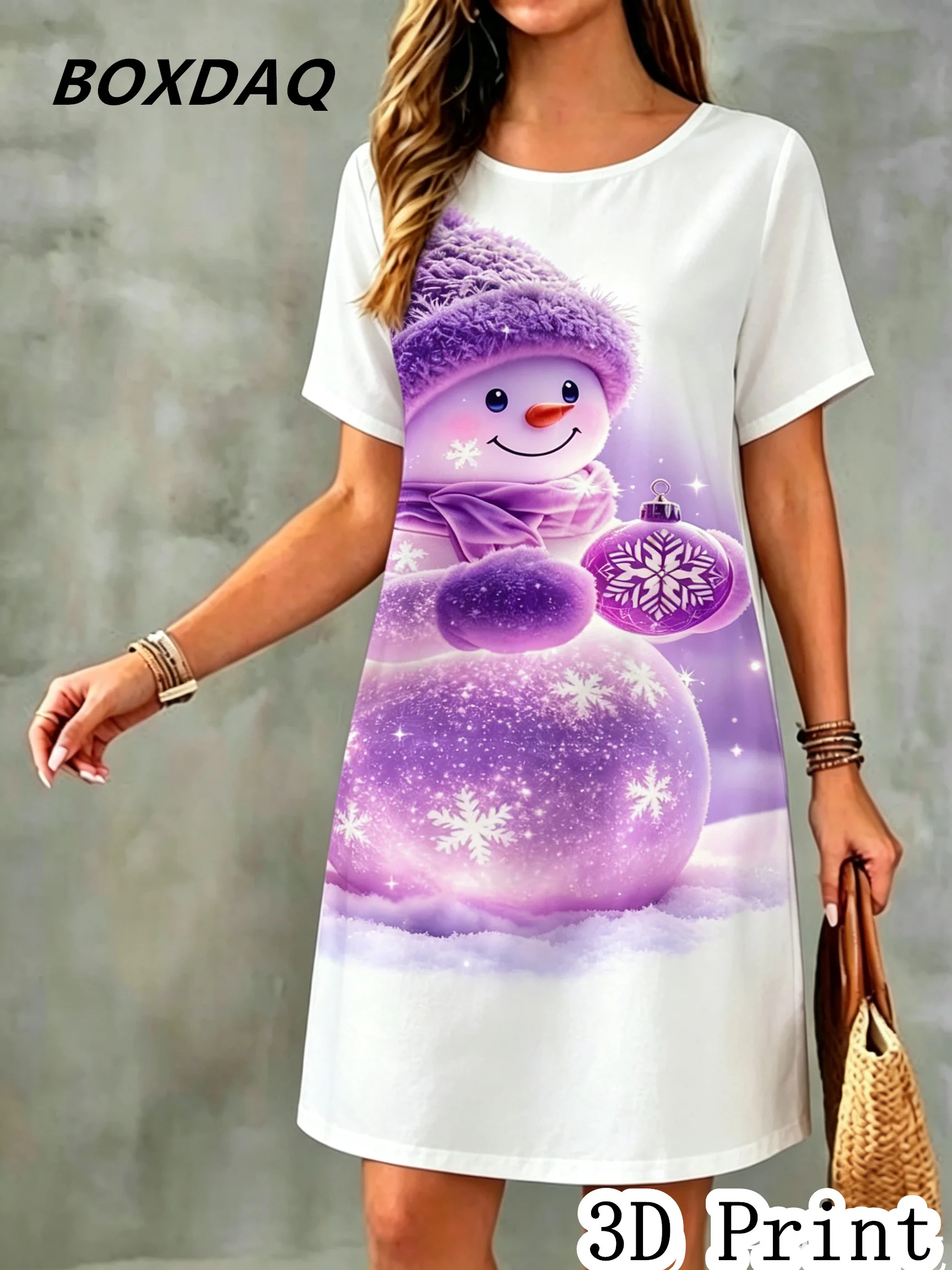 Elegant Christmas Snowflake Pattern Women Dress New Year Party Short Sleeve O-neck 3D Snowman Print Loose Casual Christmas Dress
