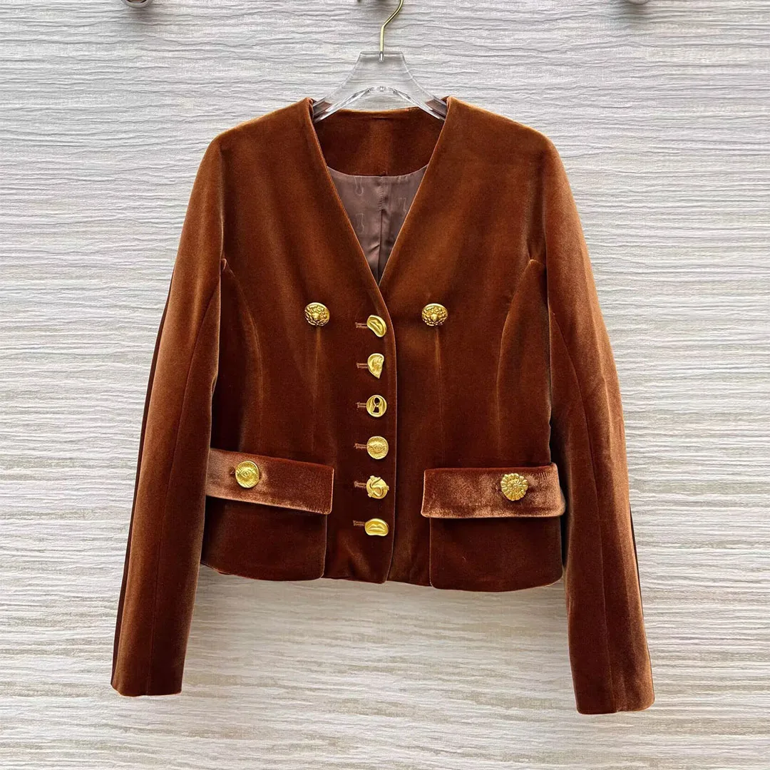 Best Quality Brown Velvet Short Design Vintage Jacket Women V-neck Luxury Gold Buttons Long Sleeve Pockets New Autumn Slim Coat