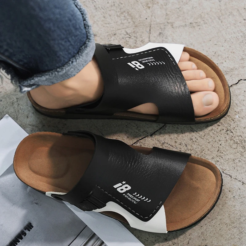 2024 Summer Sandy Beach Cork Sandals Men Fashionable Non-slip Flip Flops Fashion Slip on Leather Slippers Men