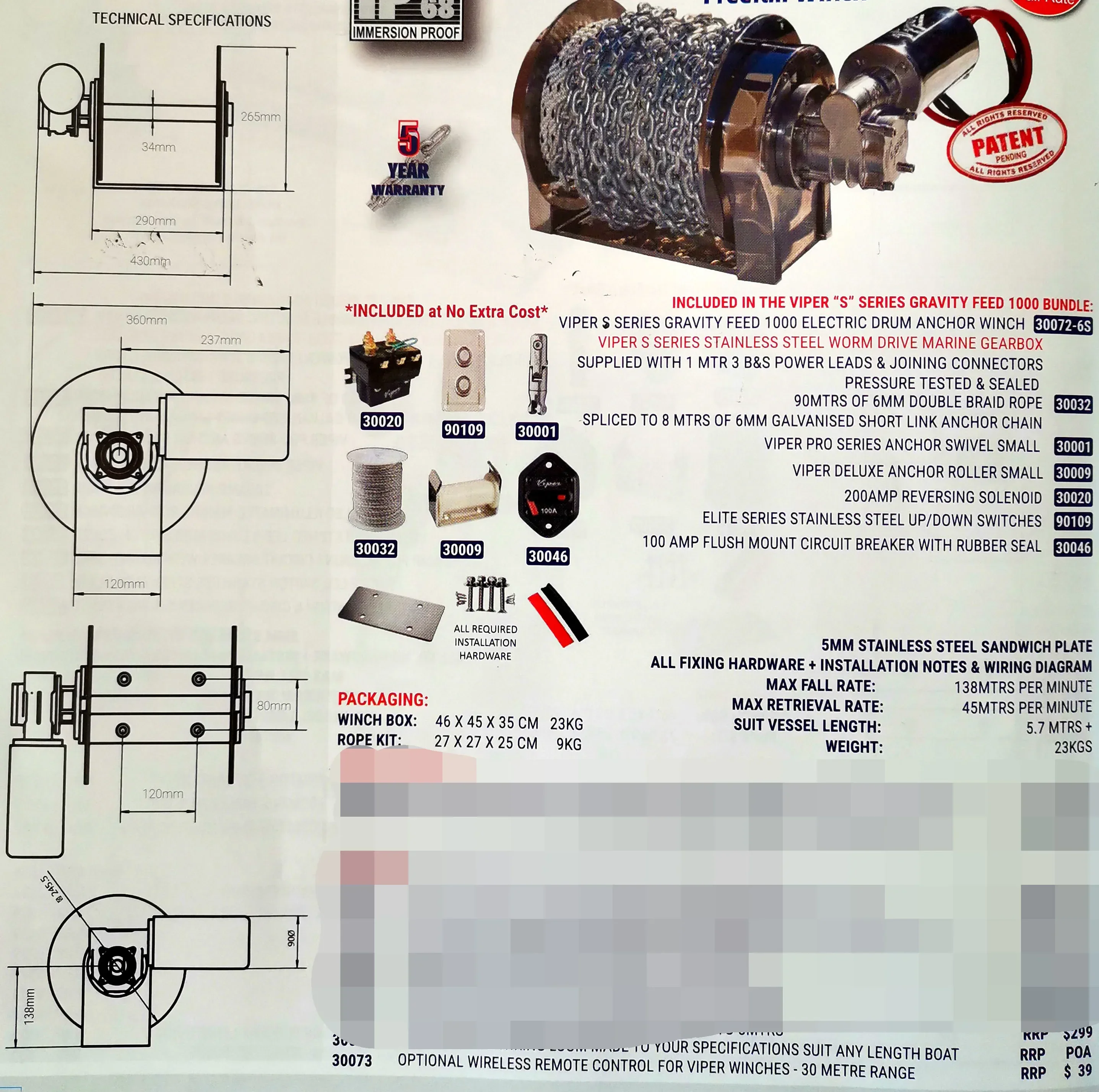 Marine Equipment 1000 W 316 Edelstahl Trommel Ankerwinde für Marine Fischerboot Yacht