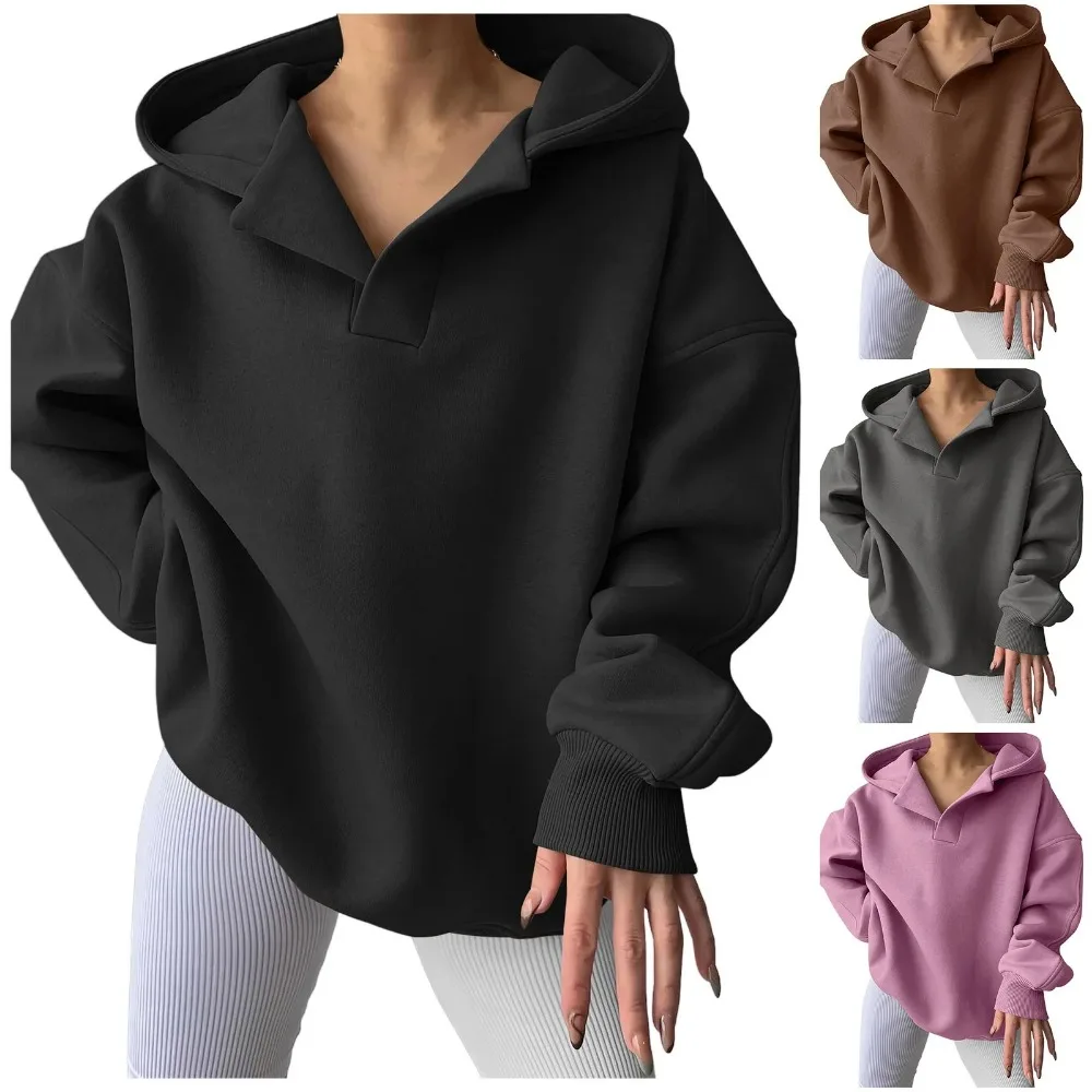 Women\'s V Neck Hoodie Oversized with Pocket Classic Fleece Lined Sweatshirt Plain Streetwear Winter Clothes