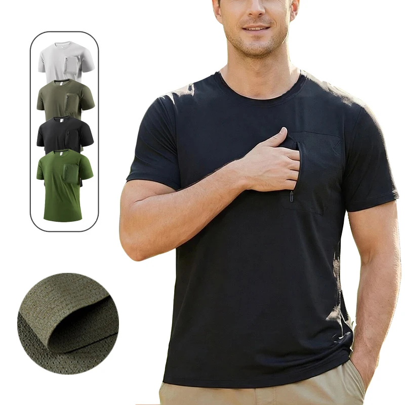 

Мужская бесшовная футболка с коротким рукавом и нагрудным карманом (размеры M-5XL), охлаждающая, быстросохнущая, дышащая, больших размеров, для спорта и фитнеса, летняя.