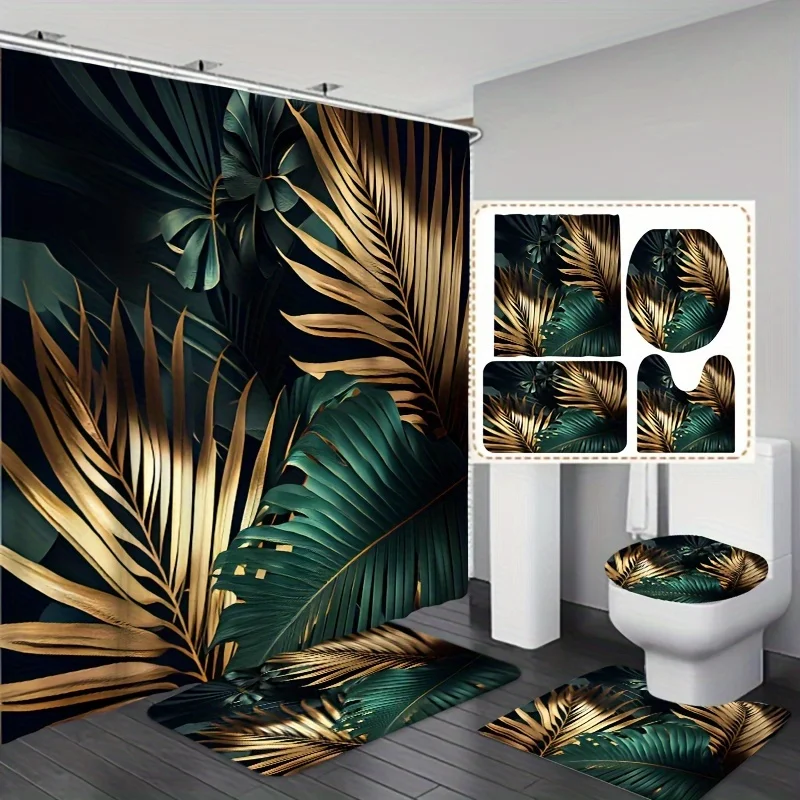 1pc/3pcs/4pcs Retro Color Banana Leaf Pattern Bathroom Shower Curtain Four-piece Set Toilet Three-piece Set