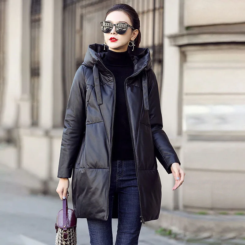 

Length PU Leather Cotton-Padded Jacket Women Overcoat 2024 Winter New Korean Thicke Warm Parker Coat Loose Hooded Cotton Jacket