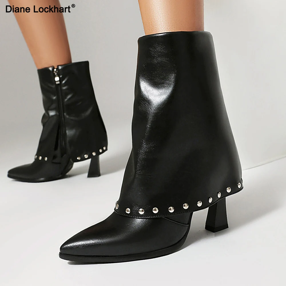 

Новые модные ботинки с острым носком, зеленые ботильоны с заклепками, женские туфли на тонком каблуке с боковой молнией, дизайн, элегантные современные короткие ботинки 43