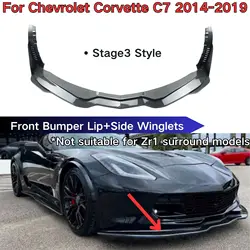 For Chevrolet Corvette C7 2014-2019 Front Bumper Lip With Side Winglets Car Accessories Glossy Black Body Kit Stage3 Style