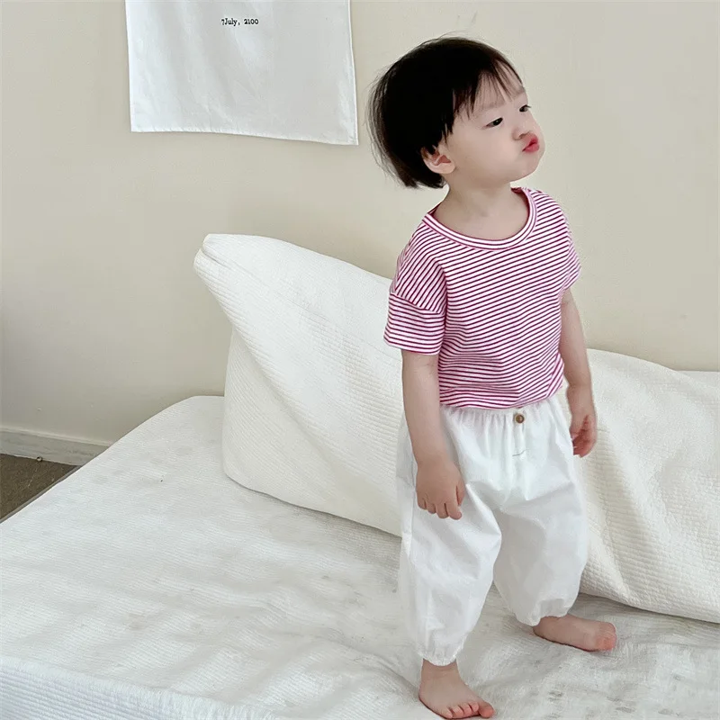 T-Shirts Boys Summer Two Pieces Korean Childrens Clothing Baby Short Sleeved Fashion Lovely Simple Loose 2024 Solid