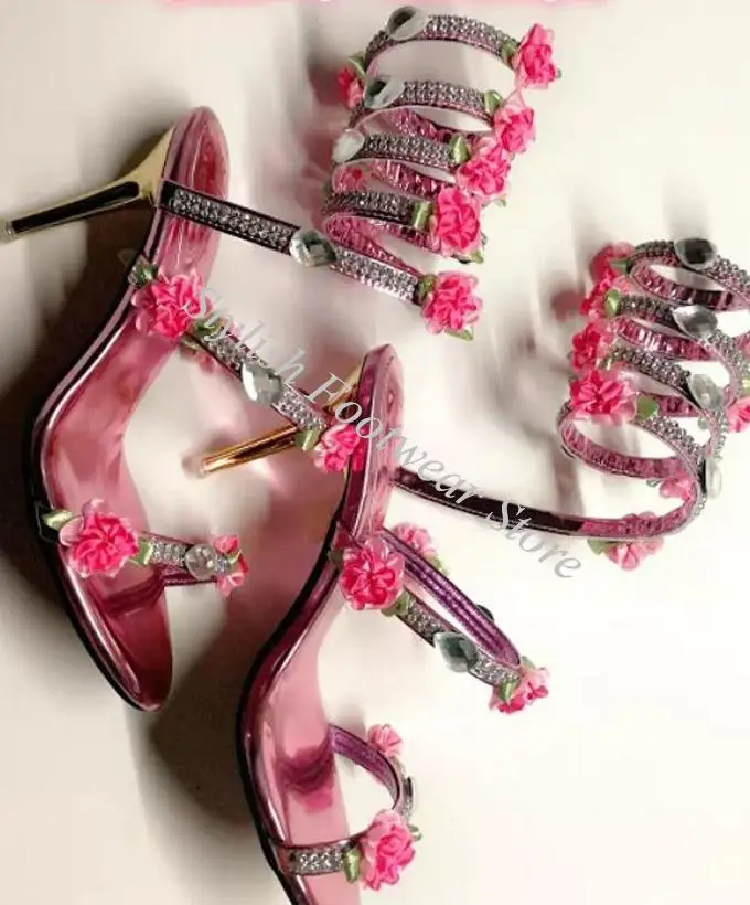Romantic Pink Flower Crystal Embellish Strappy Leg Twine Coiled Sandals Boots Wedges High Heels Rhinestone Bridal Summer Botas view 3