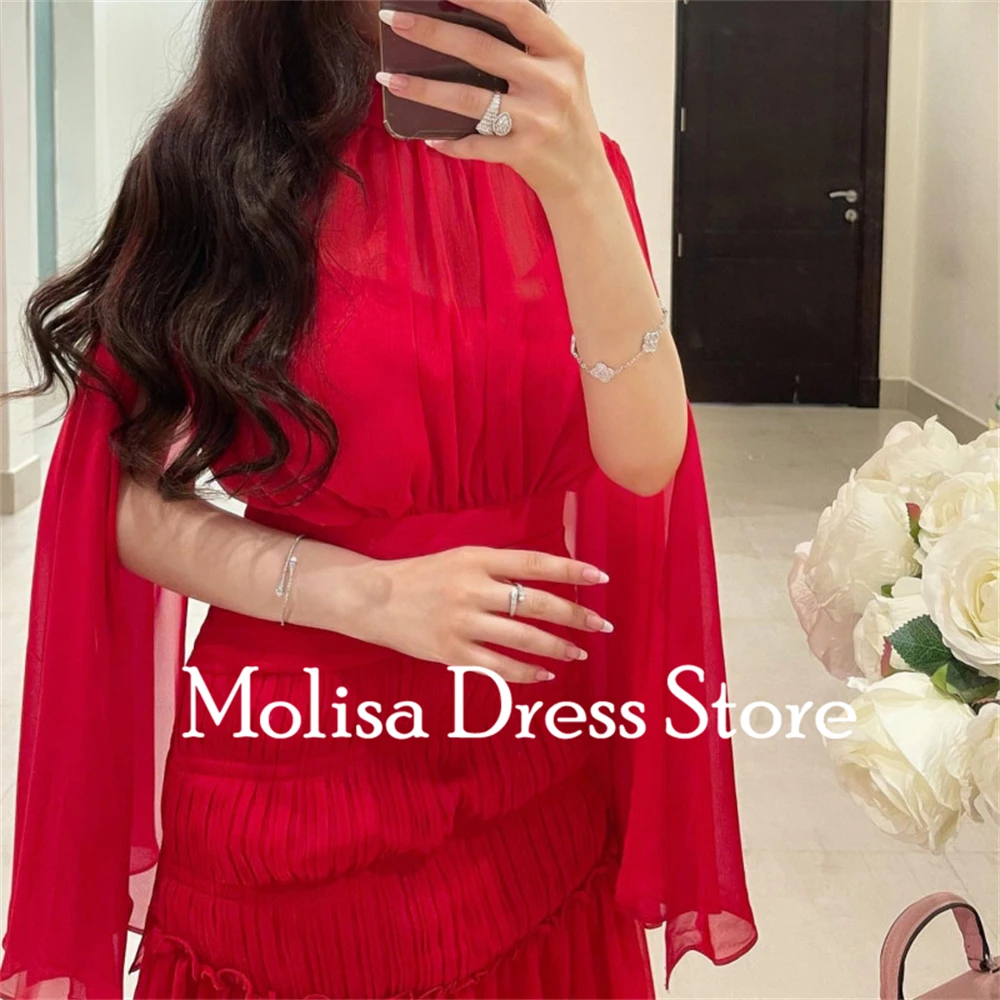 Simple High Collar Red Ruffle Chiffon Sheath Customized Formal Occasion Prom Dresses Women Evening Party Dress  فساتين السهرة