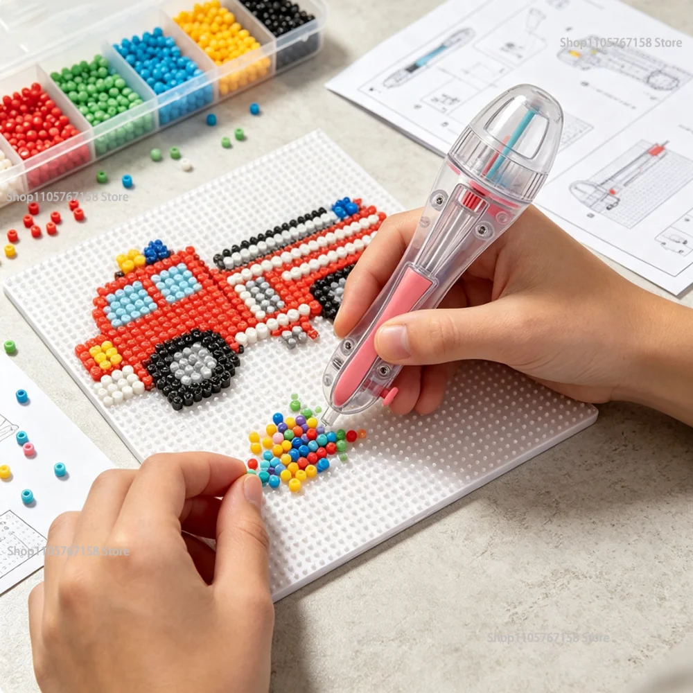 DIY Beaded Pens,One-Button Bead Dispenser Fuse Bead Pen High-Capacity Transparent Barrel Outlet Anti-Slip Grip DIY Crafts Tool