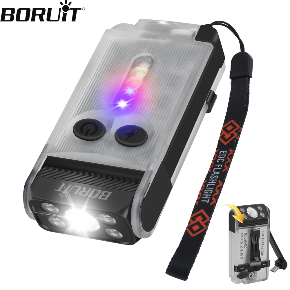 BORUiT V30 EDC LED Flashlight Multifunctional Keychain Light Type-C Rechargeable Mini Torch with Beep Power Bank 365nm UV Light