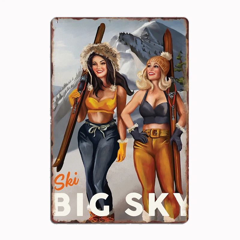 Ski Big Sky, Montana: Vintage Pinup Ski Art Metal Plaque Poster Club Home Bar Cave Classic Plaques Tin Sign Room Wall Decor