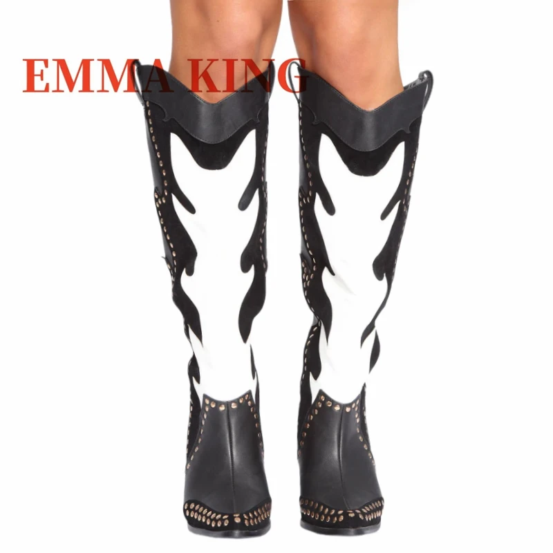 Studded Western Cowboy Boots Wide Calf Cowgirl Boots Block Heeled Boots Stud Detail Colorblock Western Boots Trendy Heels 35-44