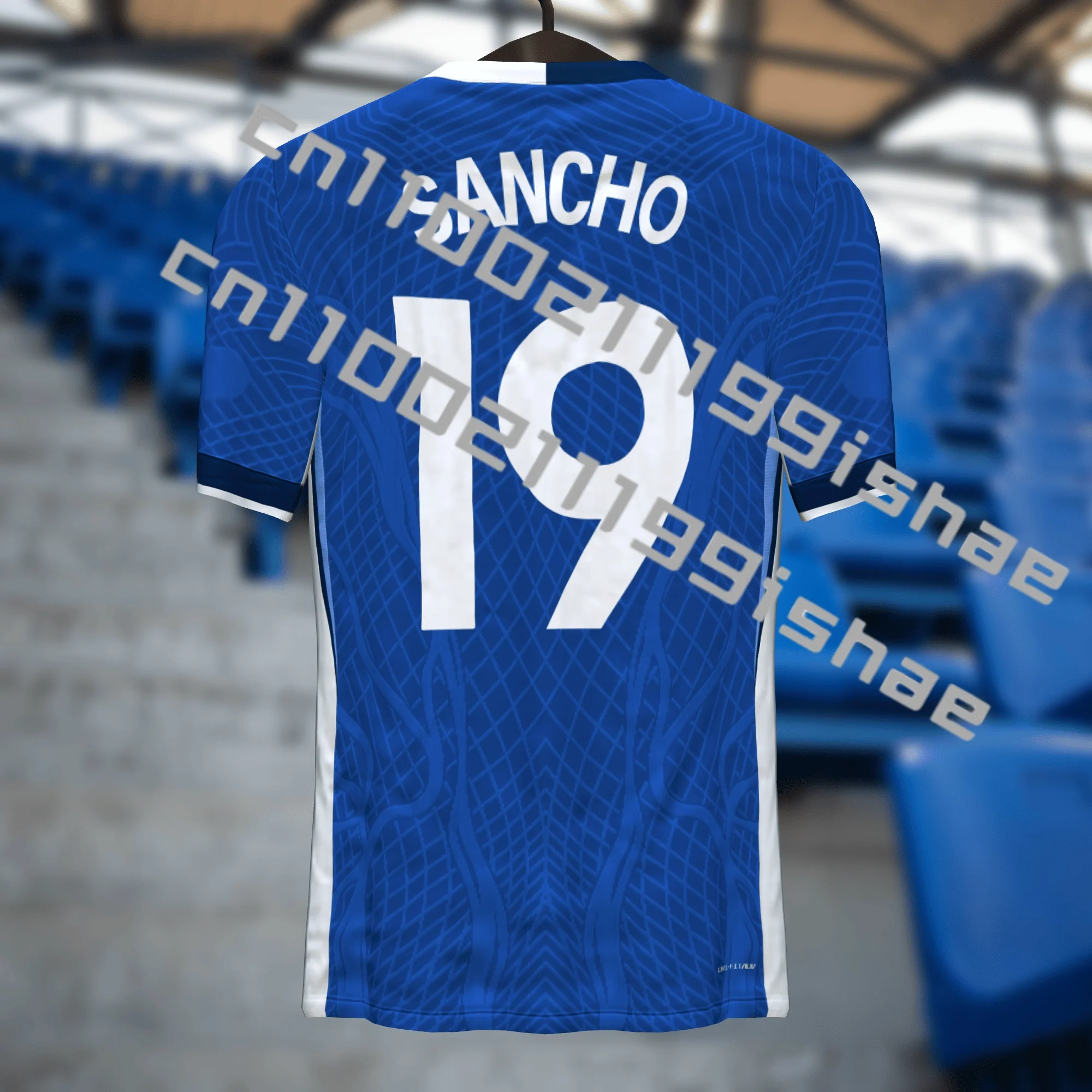 2026 Nuevo Chelsea Inicio No. 19 Sancho Jersey: bata azul y estampado de pista, top de tendencia de moda para hombres y mujeres