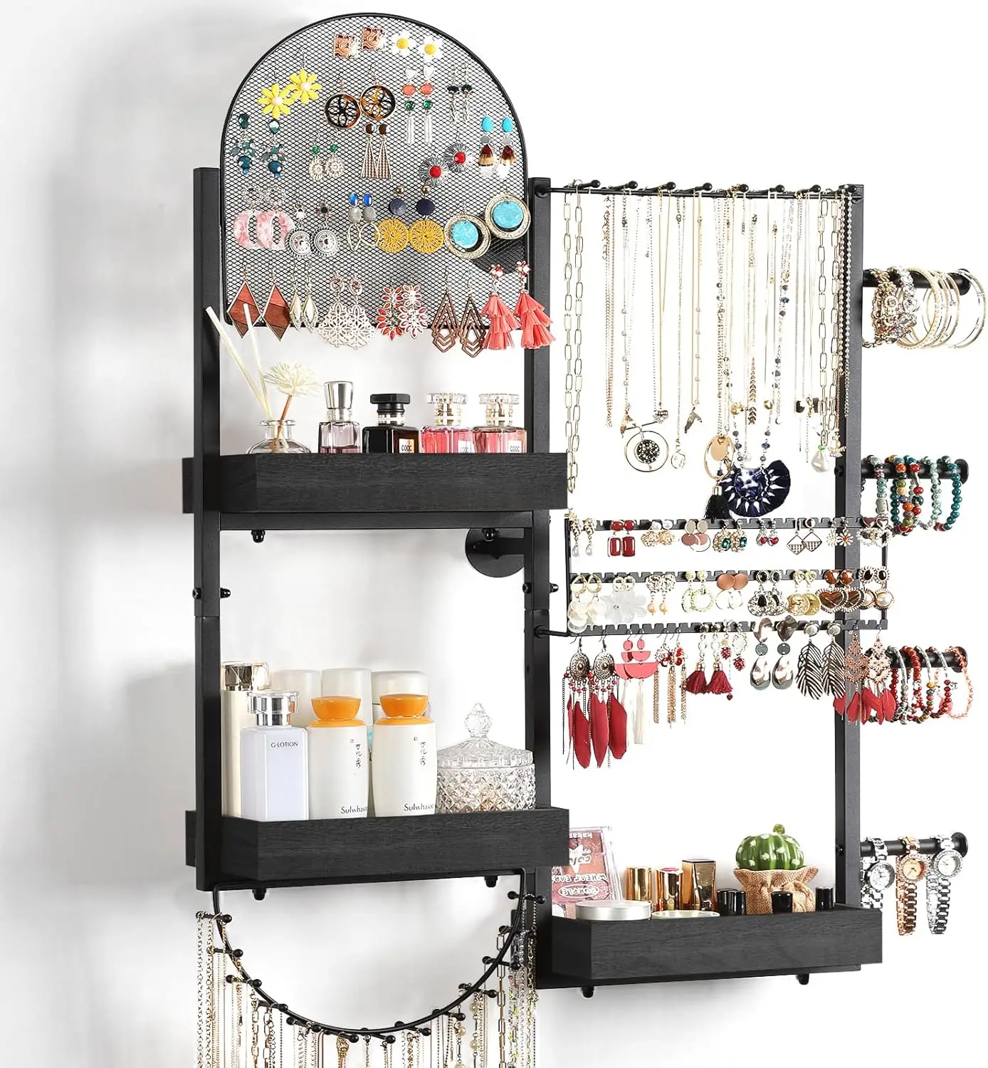 

Wall Mount Jewelry Organizer - Large Display for Earrings, Rings, Necklaces, Bracelets, Watches and Perfume in Black