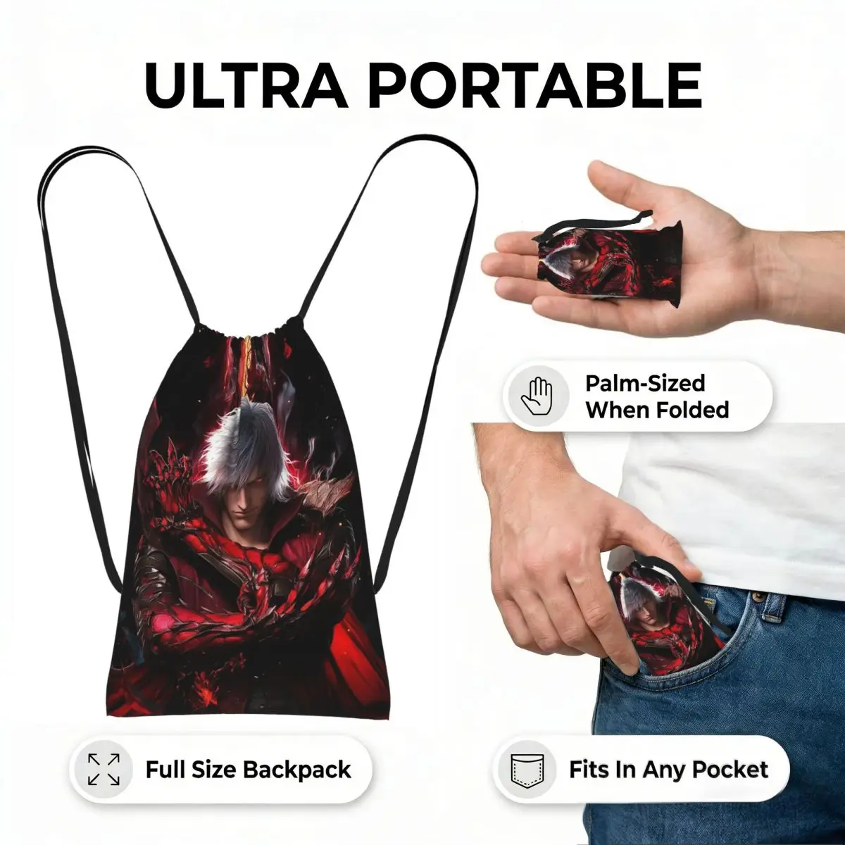 Devil May Cry Game Drawstring Backpack Sports Gym Bag Portable Travel Drawstring Bag for Men Women