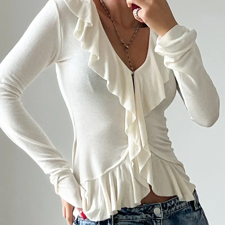

Knitted Ruffled Sexy V Neck T Shirt Women's Long Sleeves Casual Solid Color Pullover Top Female Fashion Everyday Wear Top