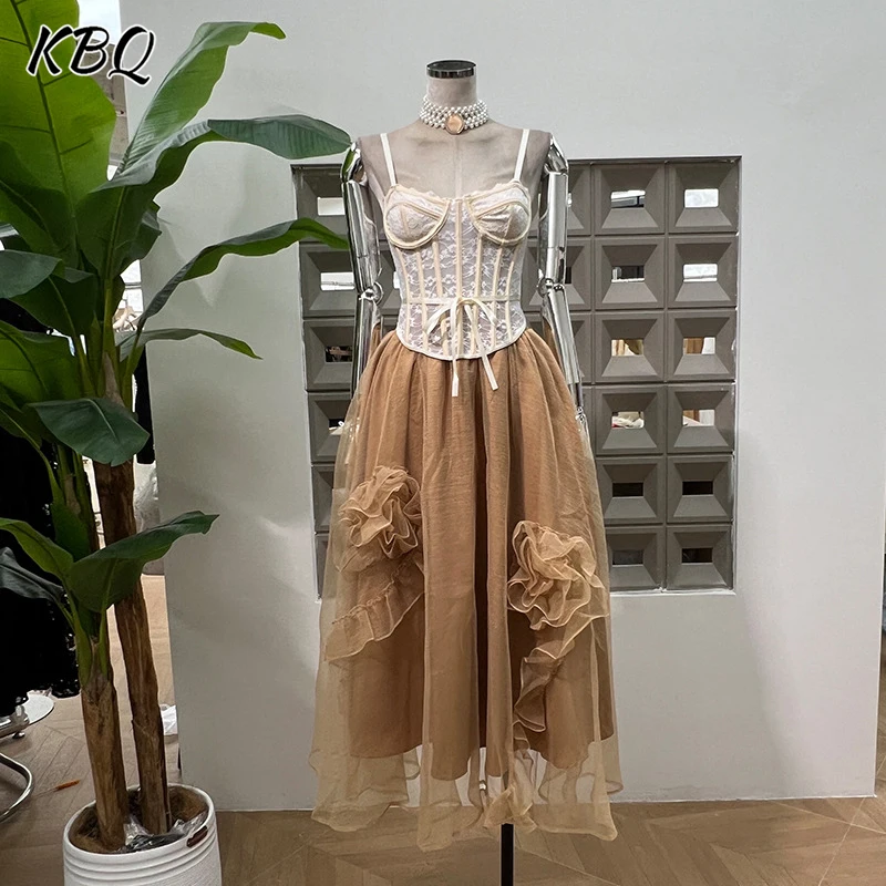 

KBQ Slimming Sexy Two Piece Sets For Women Camisole Spliced Bowknot Sleeveless Backless Top High Waist Skirt Designer Set Female
