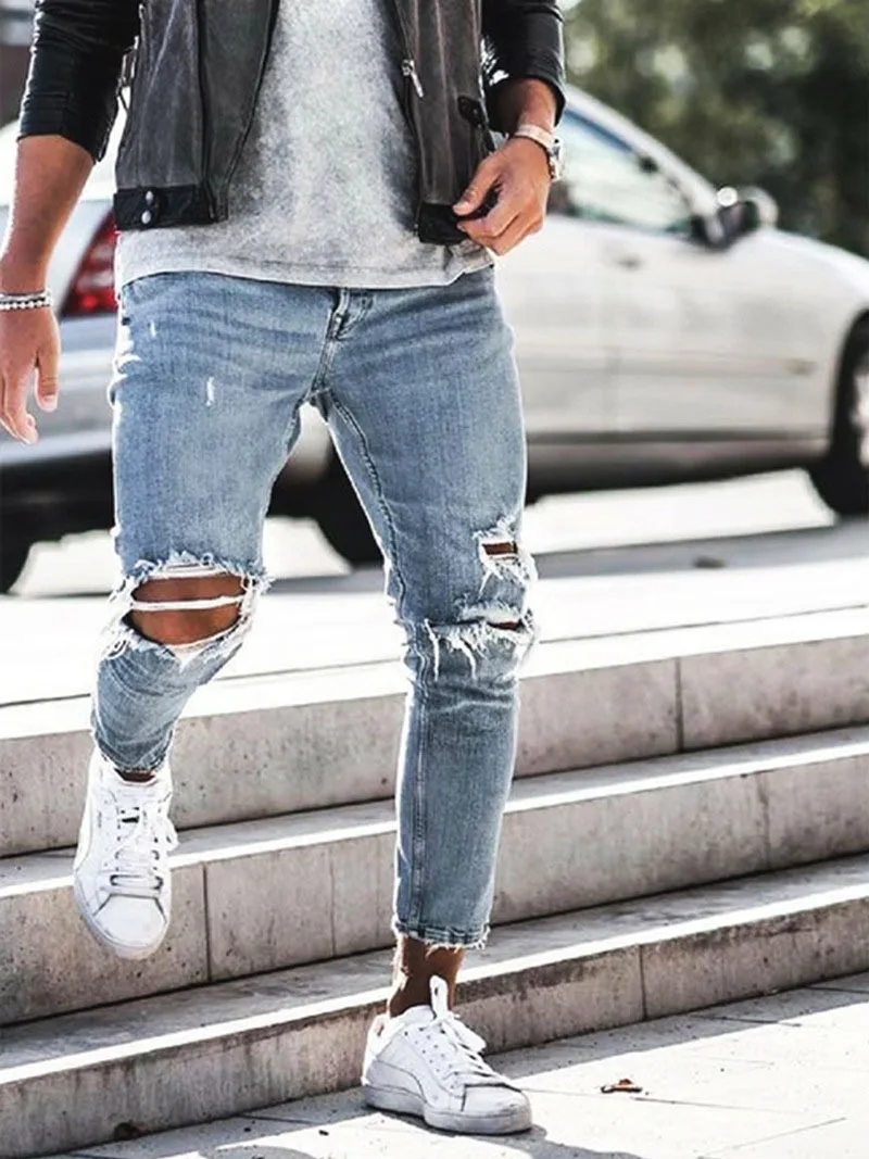 Y2K New Male Hip Hop Jean Trousers Mens Solid Color Hole Skinny Vintage Jeans Fashion Washed Ripped Slim Denim Pants For Men