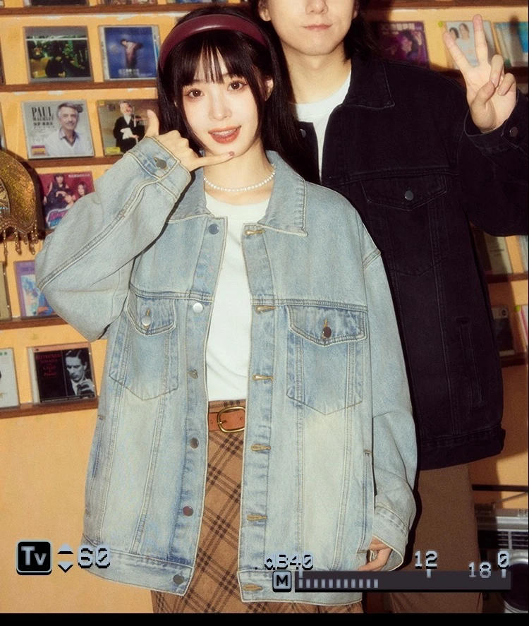 الربيع والخريف جديد خمر المرأة بدوره إلى أسفل طوق غسلها الأزرق الدنيم سترة زوجين الزي عمال معطف أزرق داكن أسود #5