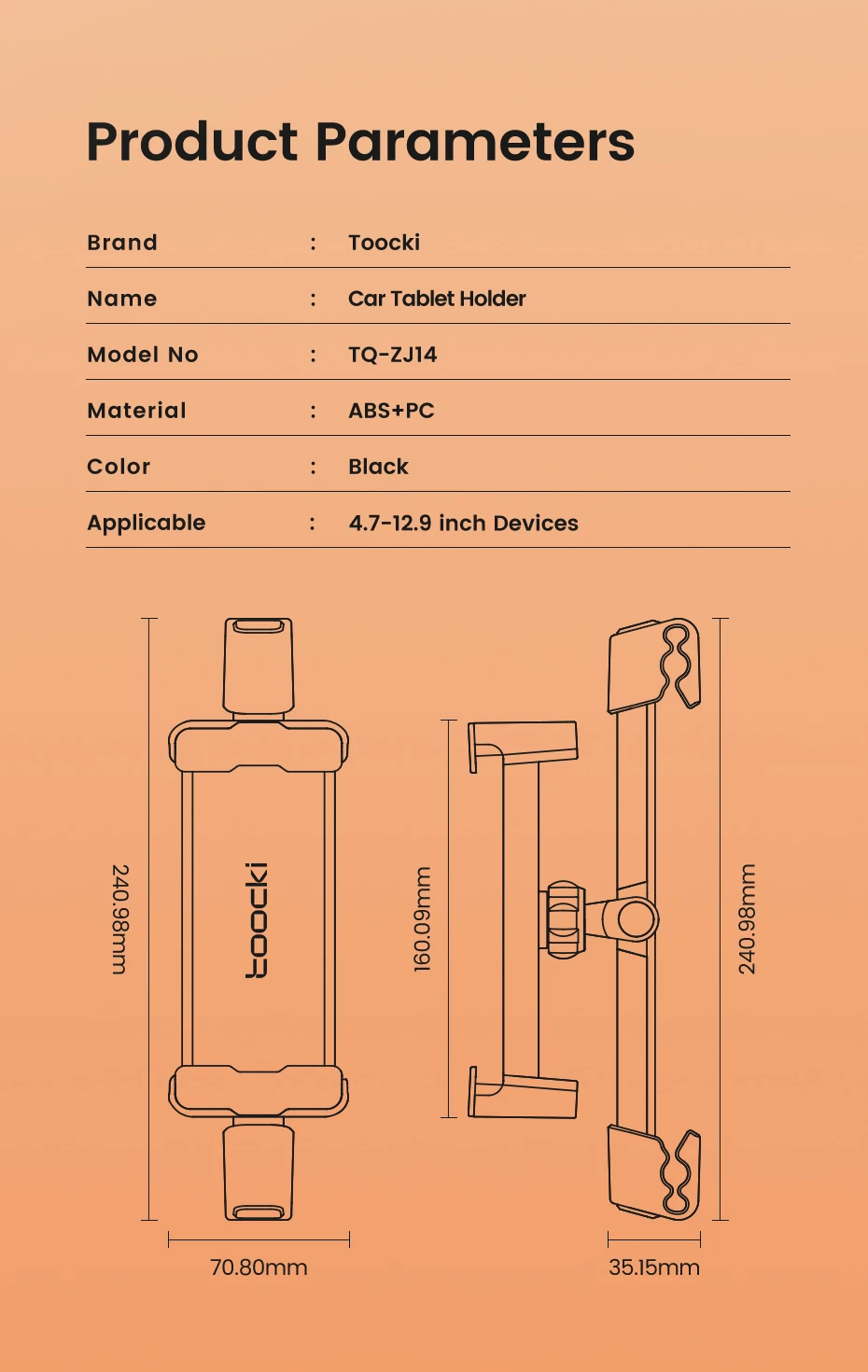 Toocki 360 ° Auto-Rücksitz-Handyhalterung mit Gleitschienen-Design, Tablet-Ständer für Kopfstützenmontage, 4,7-12,9 Zoll – Detail 11