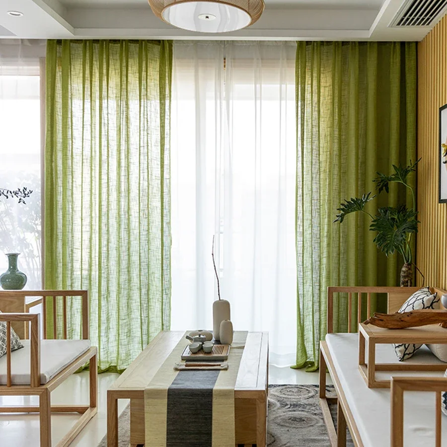 American Country Style Green Cotton Flax Curtain Sheer Fbrics Window Treatment Curtains For Living Room Cortina Tulle Decor