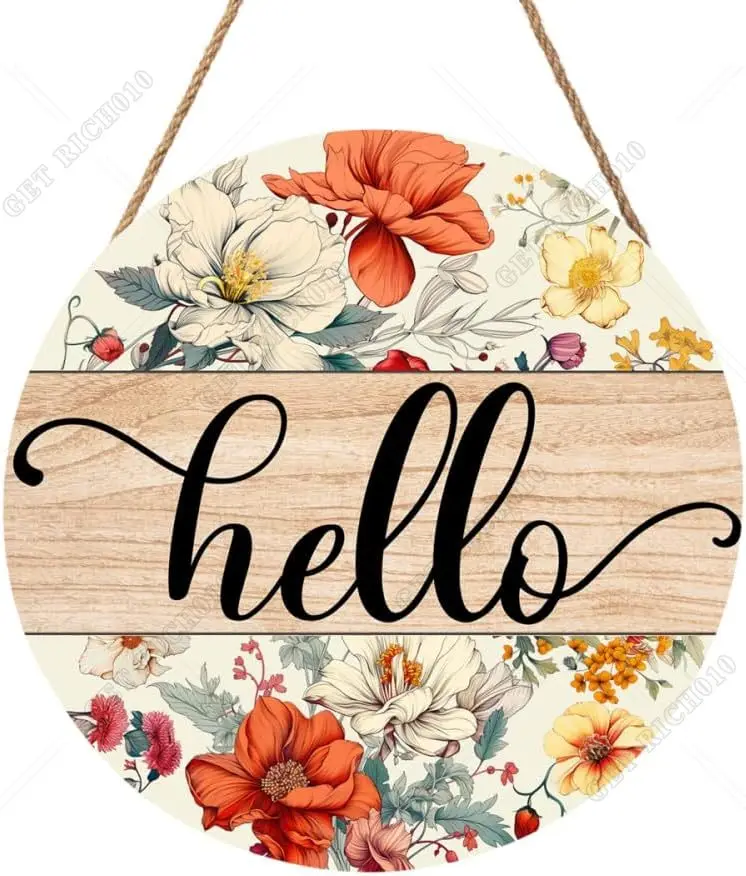 Vintage Hello Sign Farmhouse Welcome Sign with Floral Wood Plaque 12X12 Inch Colorful Spring Flower Welcome Sign for Front Porch