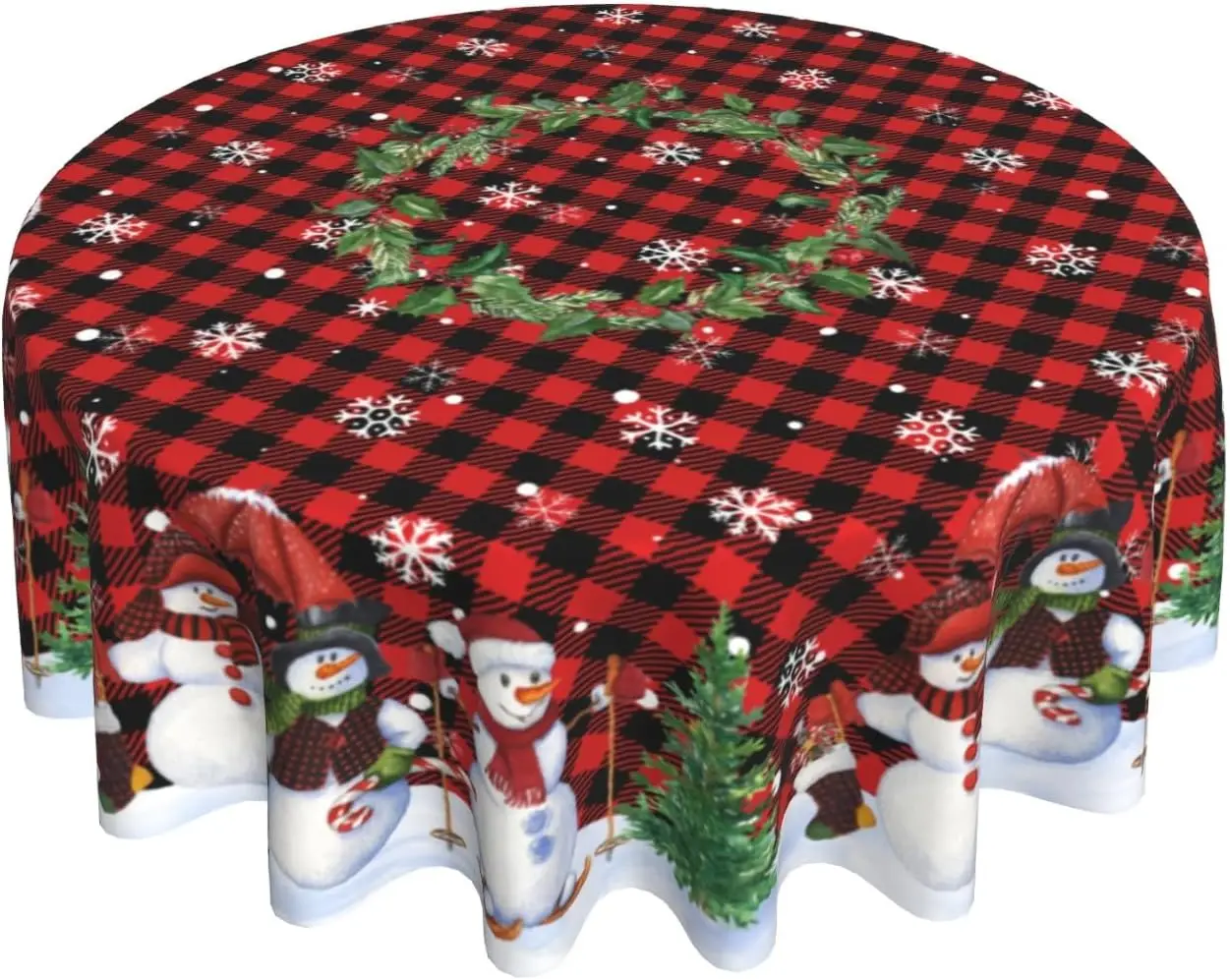 Snowman Round Tablecloth 60Inch Winter Snowflakes Christmas Tree Table Cloth With Red Black Buffalo Plaids