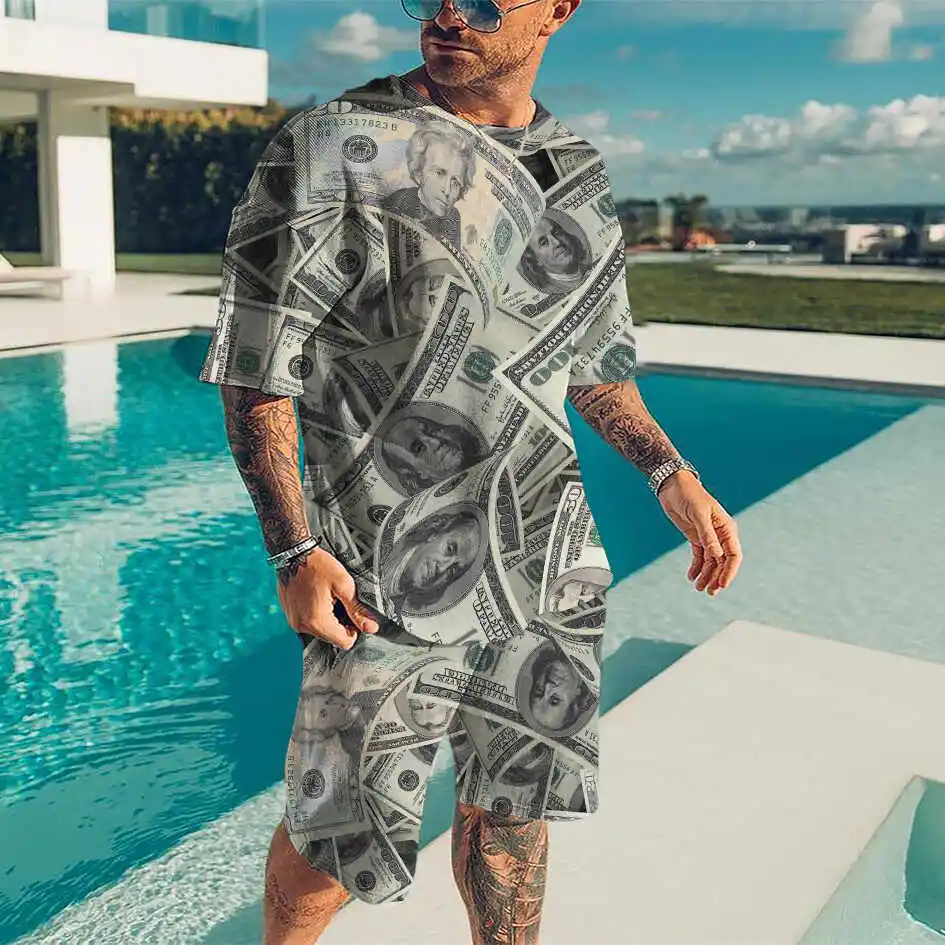 男性のズボンのトラックスーツ2個セット3Dプリント夏半袖tシャツ + ロングパンツ男性スポーツウェアストリート服