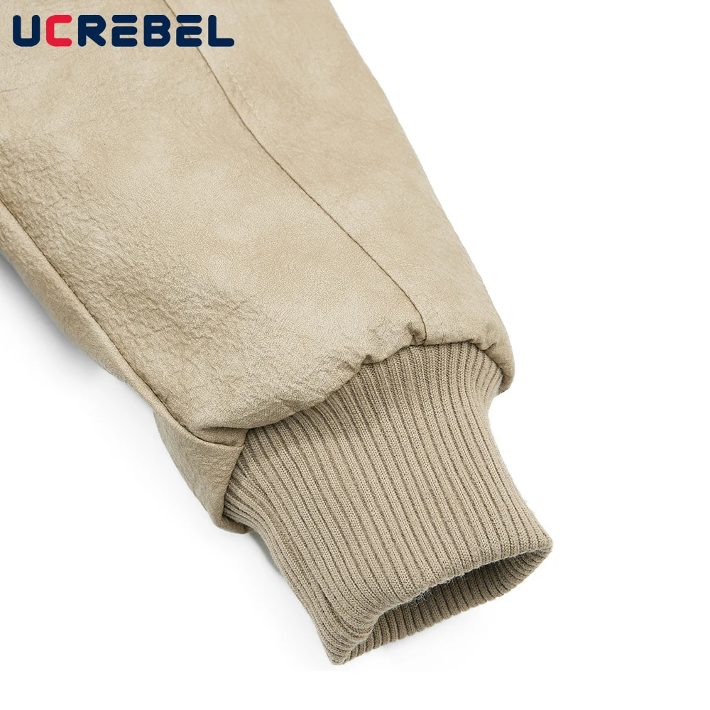 Spliced Pocket PU Leather Padded Jacket Mens Winter Thick Retro High Street Loose Long Sleeve Removable Hat Outerwear Man