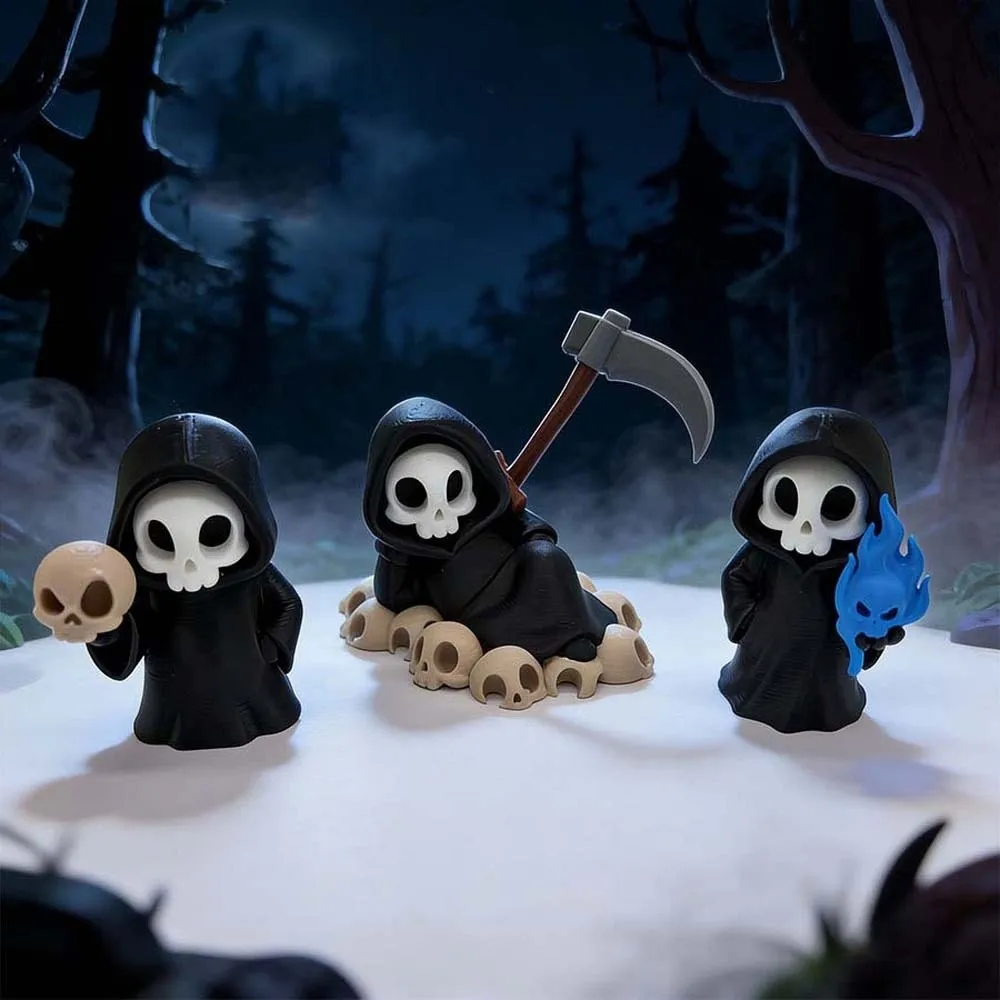 Spooky Car Decor PLA Skeleton Figurine Cute Black Grim Reaper Chibi Detailed Halloween Miniature Bookshelf