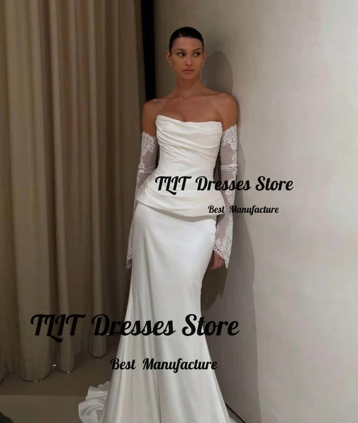 TLIT Classic Mermaid Wedding Dress Strapless Remove Full Lace Sleeves Tiered Ivory Satin Bridal Gown Customized robe de mariée