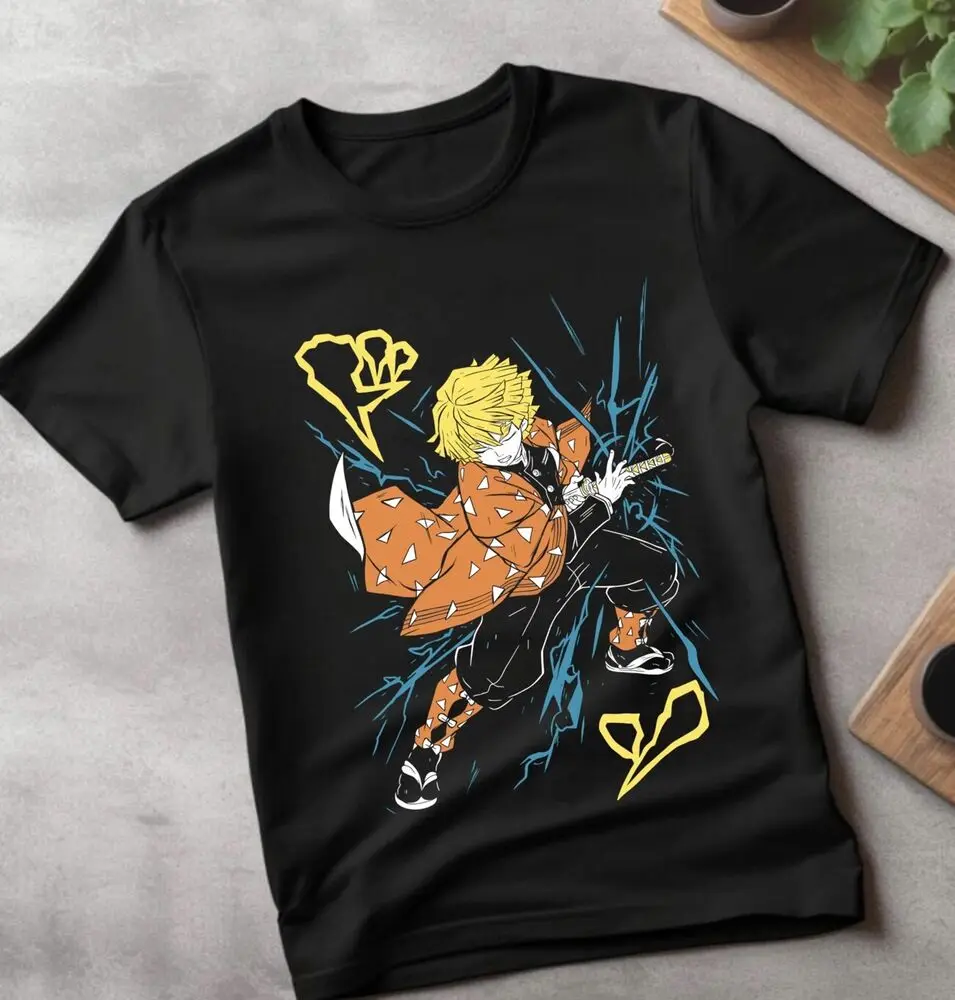 Agatsuma Zenitsu Shirt, Demon Slayer Kimetsu No Yaiba Anime Black Shirt All Size