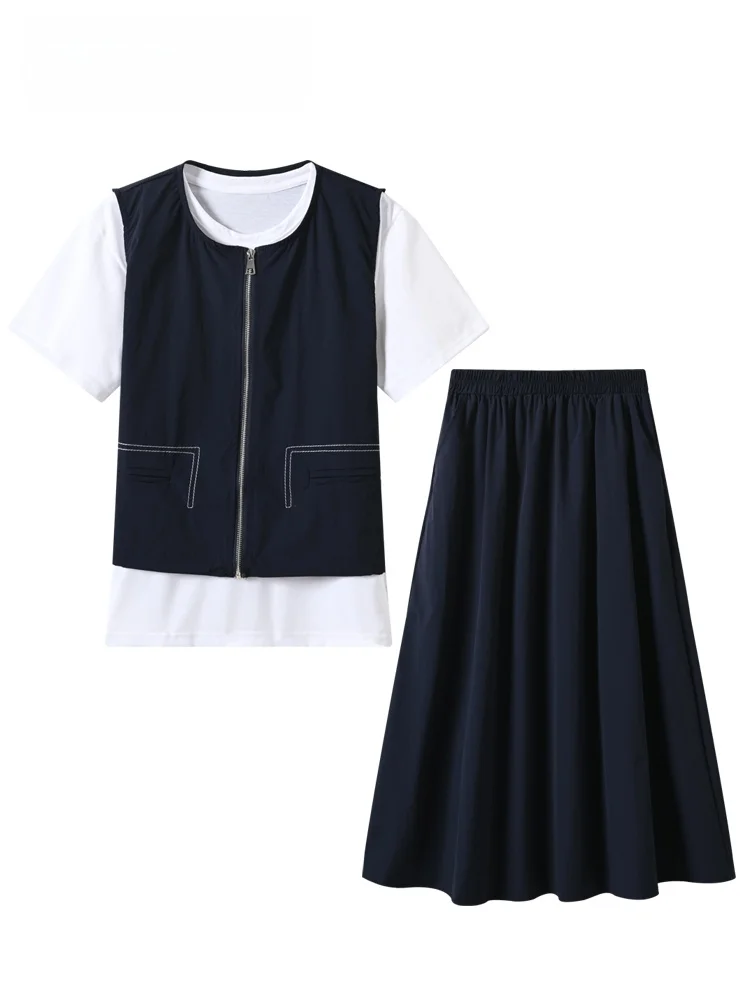 

CaraCLUB Summer New Loose Short Sleeve Women's Set High Waist A-Line Skirt Casual Fashion plus Size Outfit High Waist