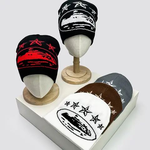 Autumn Winter New Trend American Five-Pointed Star Jacquard Knitted Hat for Men Women Warm Hip Hop Street Style Cold Hat Beanie