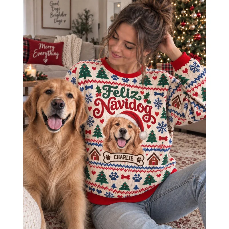 2027 Bring Your Pet to Xmas with Photo Sweaters Ugly Christmas Sweater Personal Name Long Sleeve Round Neck for Animal Lovers