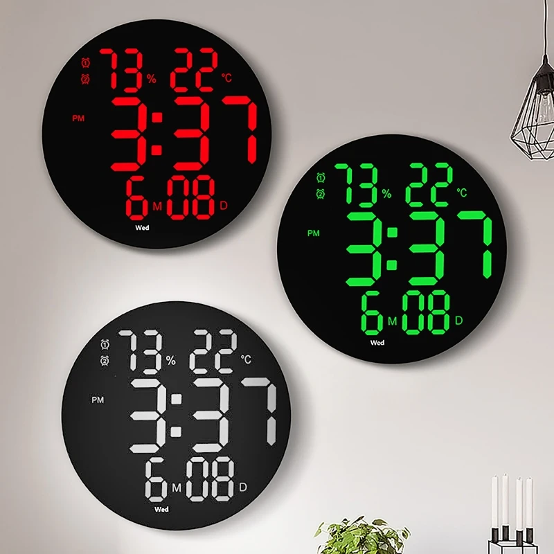 LED Wall Clock Round 3D Large Silent Temperature Humidity Display Digital Wall Clocks with Remote Control Clocks Wall Home Decor