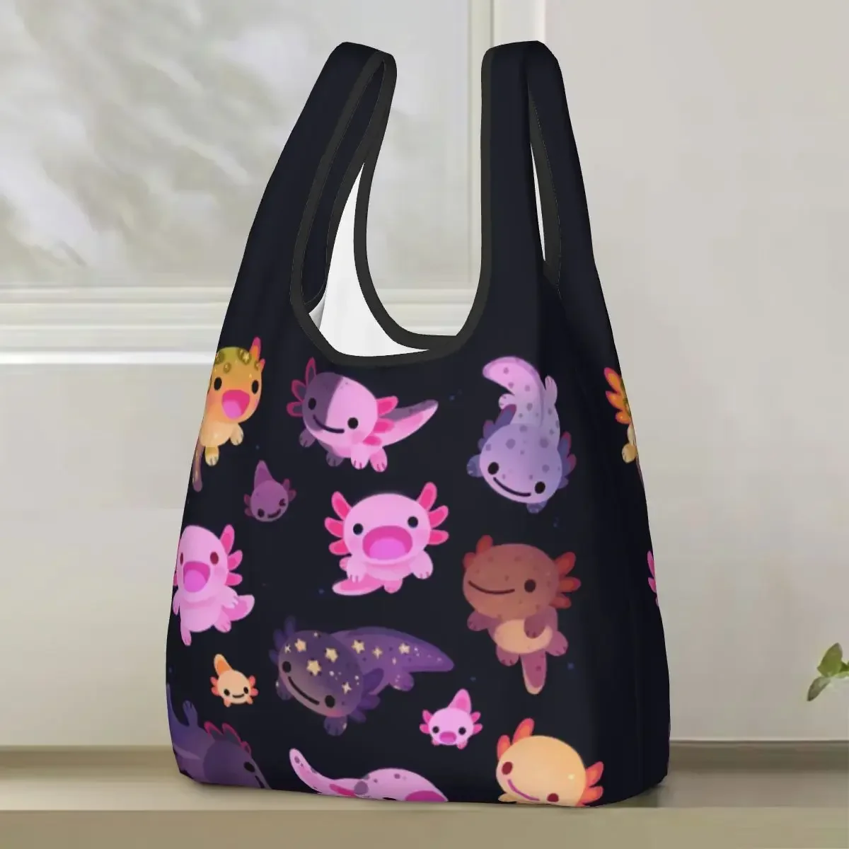 Happy Axolotl Shopping Bag Portable Tote Bags Foldable Shoulder Shopper Bag Groceries Handbag
