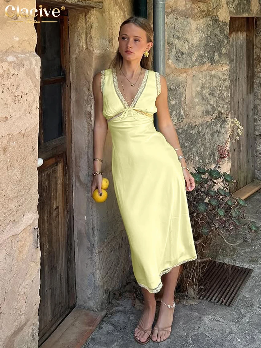

Clacive Sexy Slim Yellow Satin Women's Dress 2026 Summer V-Neck Sleeveless Midi Dresses Elegant Classic Lace Spliced Female Dres