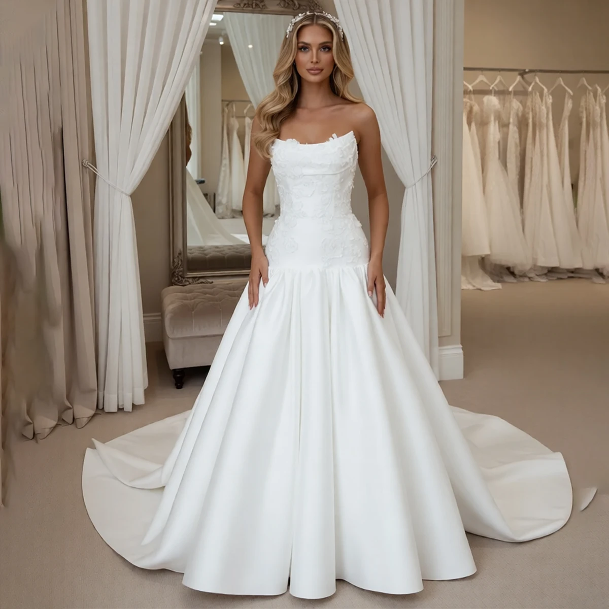 

Romantic Appliques Lace Wedding Dresses With Train Long Strapless Ball Gown Satin Bridal Party Gown For Bride Vestidos Novia