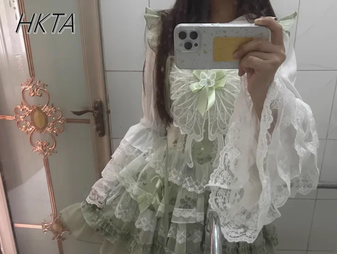 

Lolita Sweet Cute Ji Sleeve Doll Collar Blusas Inner Match Women Gorgeous Ancient Doll Lace Shirt Trumpet Sleeve Blouse Top Girl