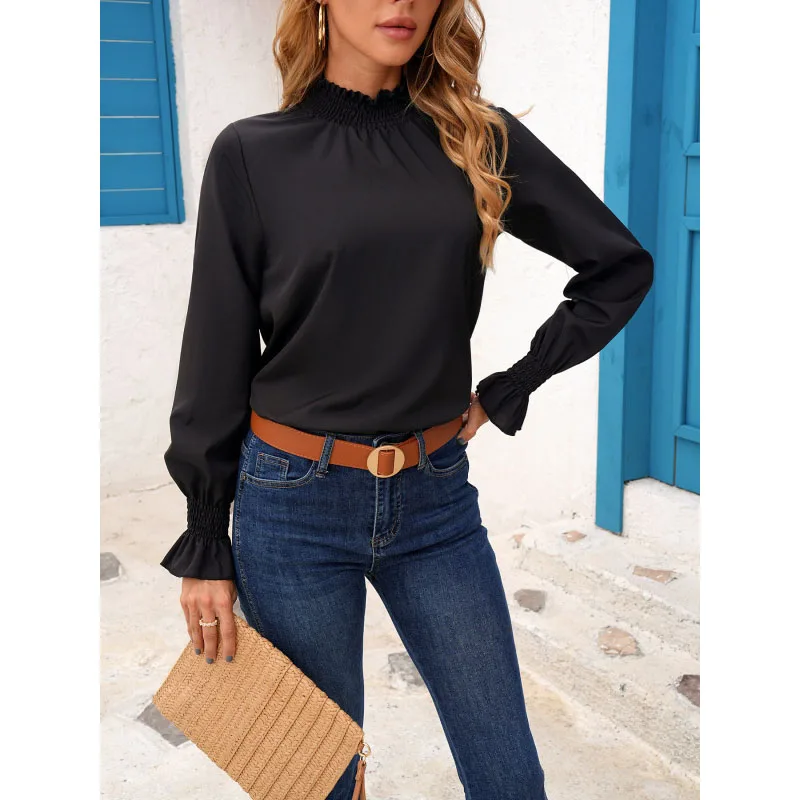 2023 New Autumn Fashion Simple High Neck Clear Lace Pleated Long Sleeve Temperament Commuter Versatile Women's Unique Top