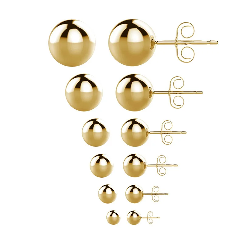 Men Women Stainless Steel Golden-Color Small Balls Stud Earrings Brief Style No Easy Fade Allergy Free