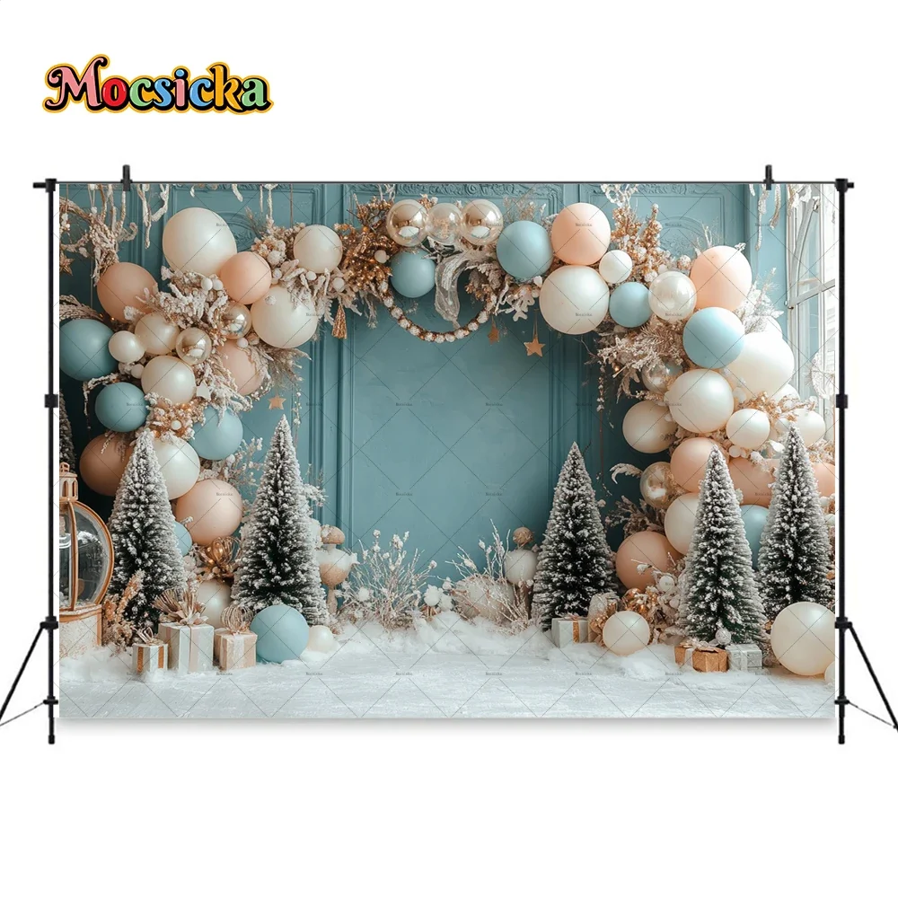 Christmas Arch Balloon Background Photography Snowy Xmas Tree Gift Blue Backdrop Girl Birthday Wedding Party Family Photo Studio