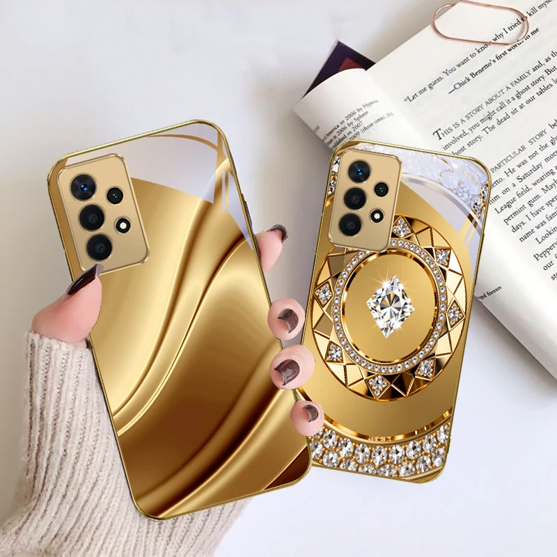 Capa de celular de vidro dourado com escultura de cavalo para Samsung A01, A02S, A04, A05S, A10, A12, A13, A22, A23, A24, A36, A42, M02, Note 10, Note 20 Ultra, Note 8, Note 9