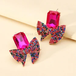 Korean Fashion Elegant Small Bow Full Crystal Decor Stud Earrings For Women Luxury Simplicity Wedding Party Charm Jewelry Gift
