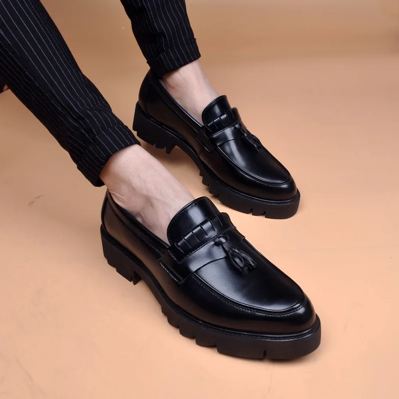 men casual business office formal shoes slip-on natural leather tassels shoe black stylish platform loafers gentleman footwear