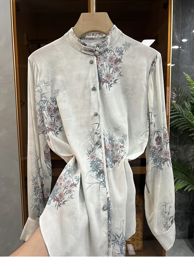 Satin Chinese Style Women\'s Shirts Printed Silk Blouses Spring/Summer Clothing Loose Long Sleeves Women Tops